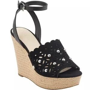 Marc Fisher Hata Suede Platform Wedge Espadrilles Black Size 8
